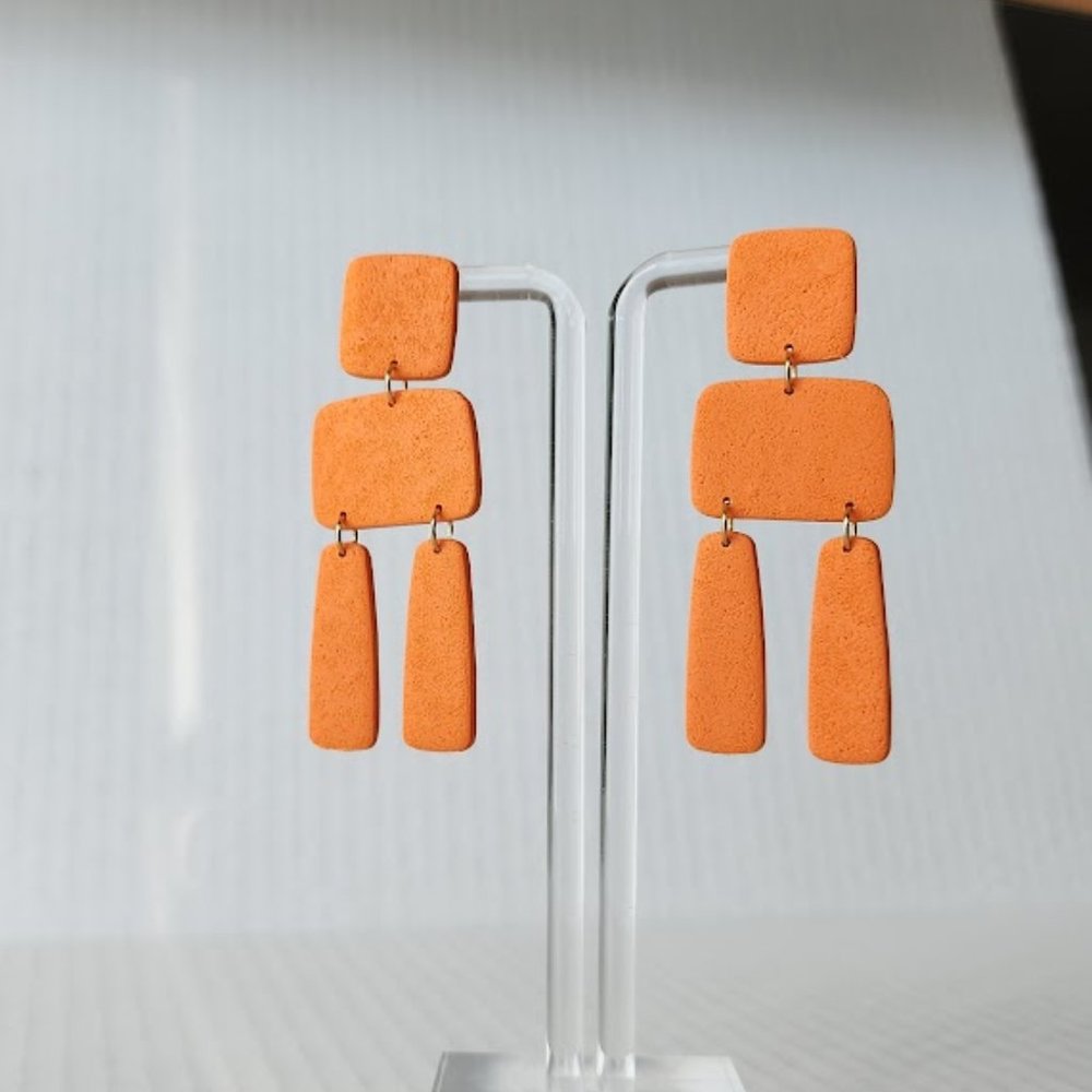 Orange Block Statement Polymer clay earrings handmade Textured Lightweight 2.5"